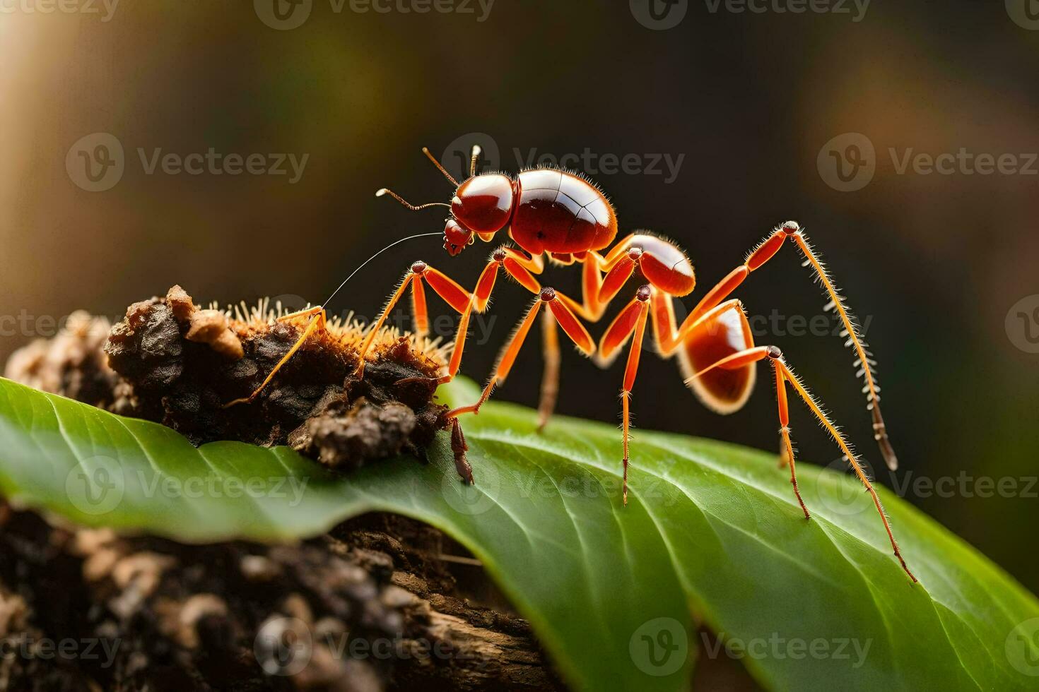 en röd myra är stående på en blad. ai-genererad foto