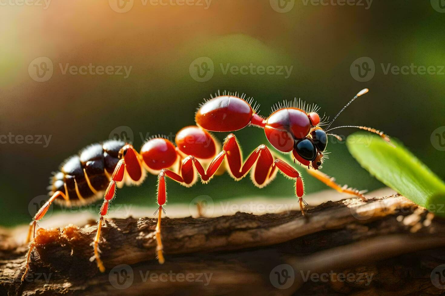 en röd myra är gående på en gren. ai-genererad foto