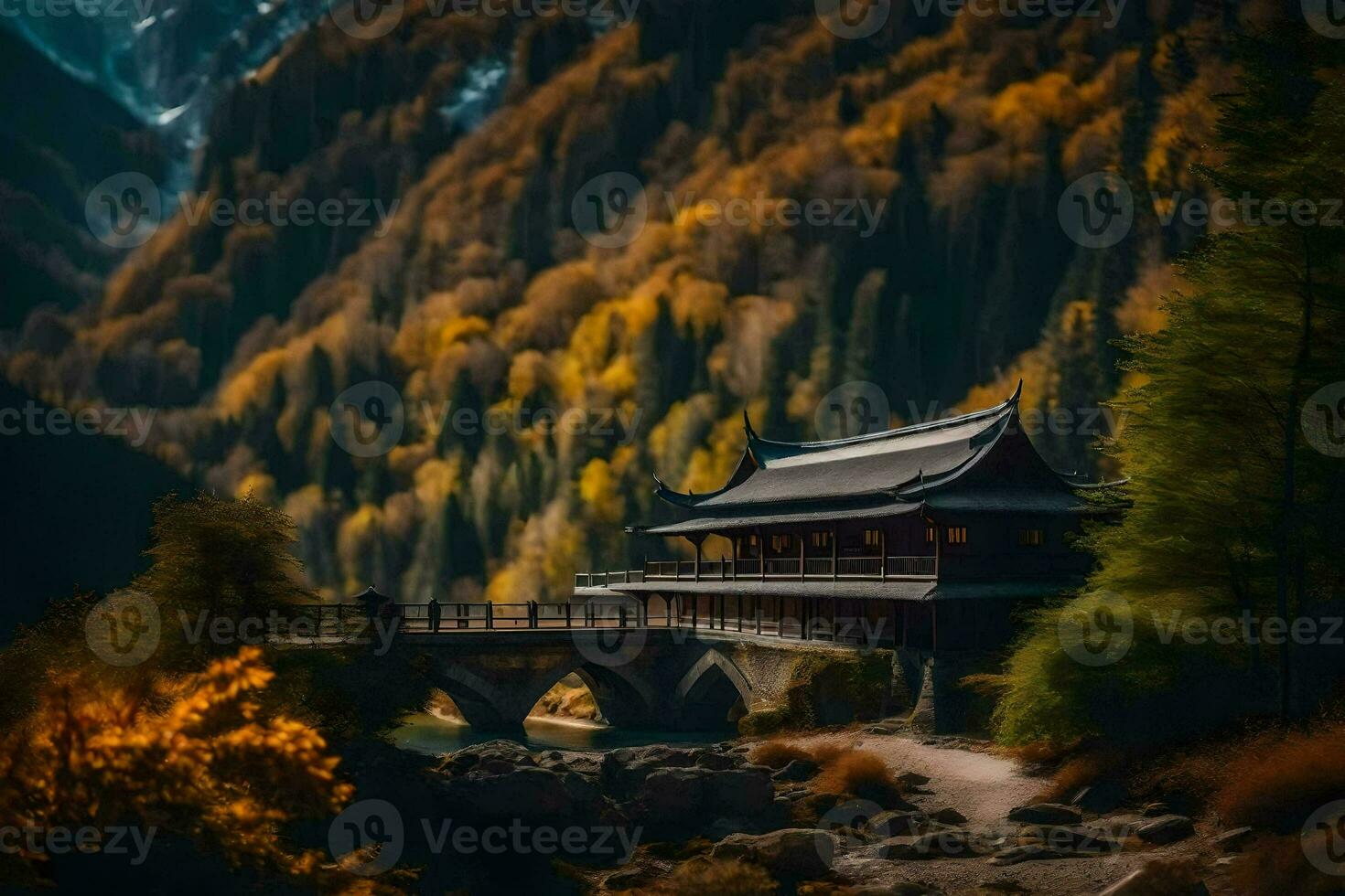 en kinesisk tempel i de berg. ai-genererad foto