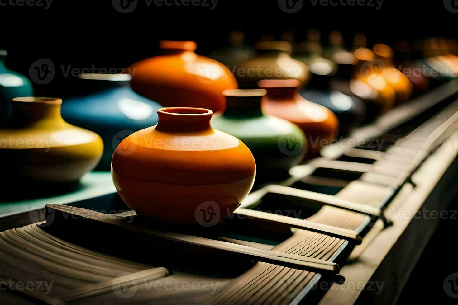 en rad av färgrik vaser på en hylla. ai-genererad foto