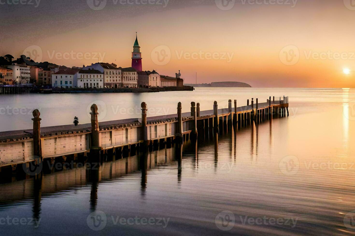 de Sol uppsättningar över en pir i de vatten. ai-genererad foto