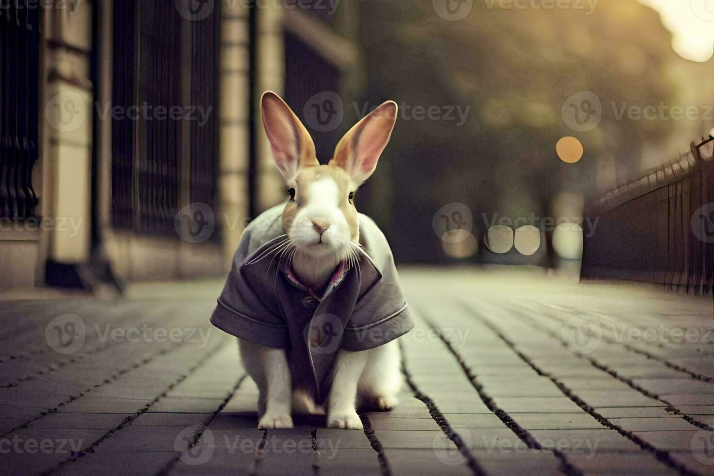 en kanin bär en jacka på en gata. ai-genererad foto