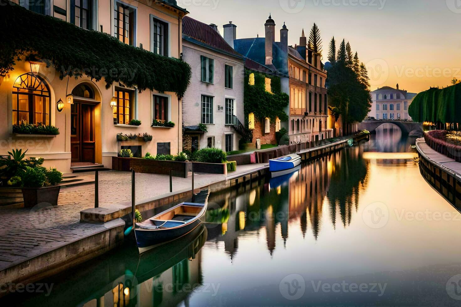 en kanal i de mitten av en stad på solnedgång. ai-genererad foto