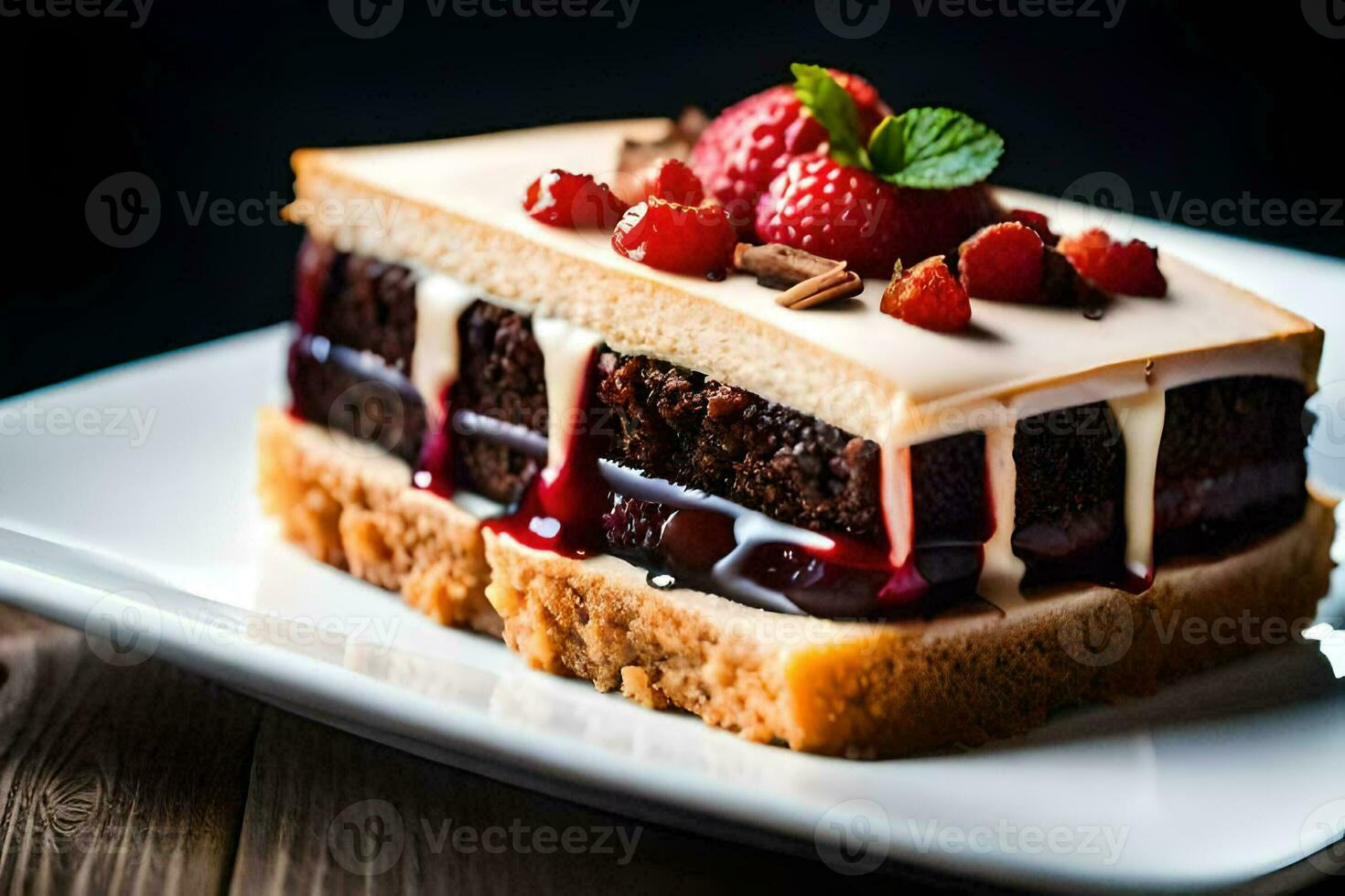 en bit av kaka med choklad och jordgubbar på Det. ai-genererad foto