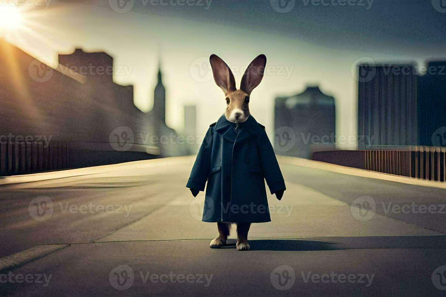 en kanin i en täcka stående på en bro. ai-genererad foto
