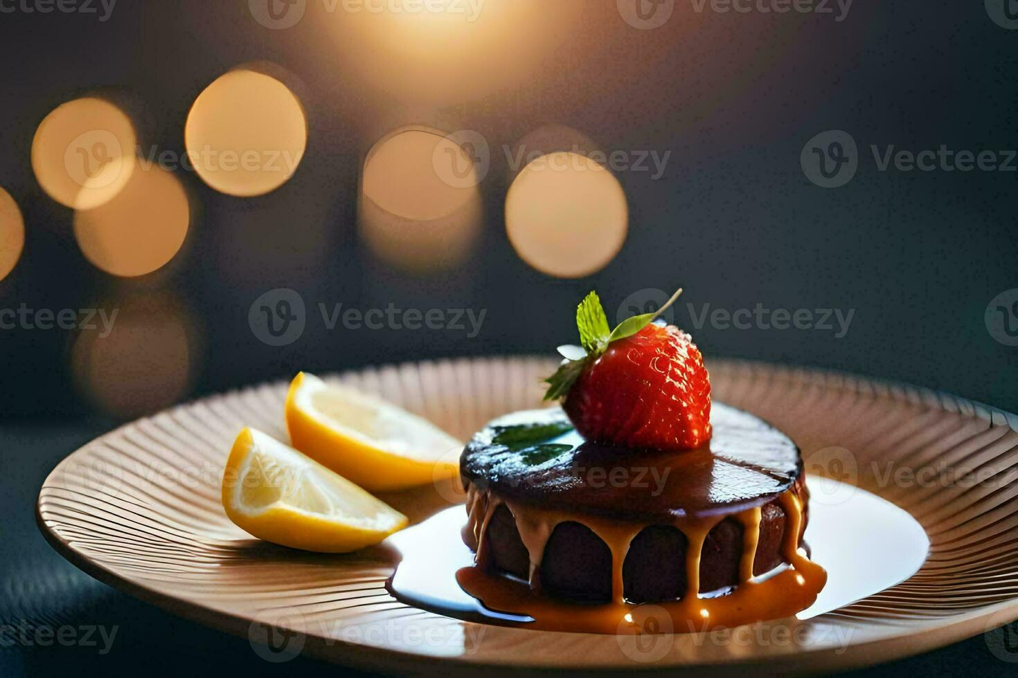 en choklad kaka med jordgubbar och en citron- på en tallrik. ai-genererad foto