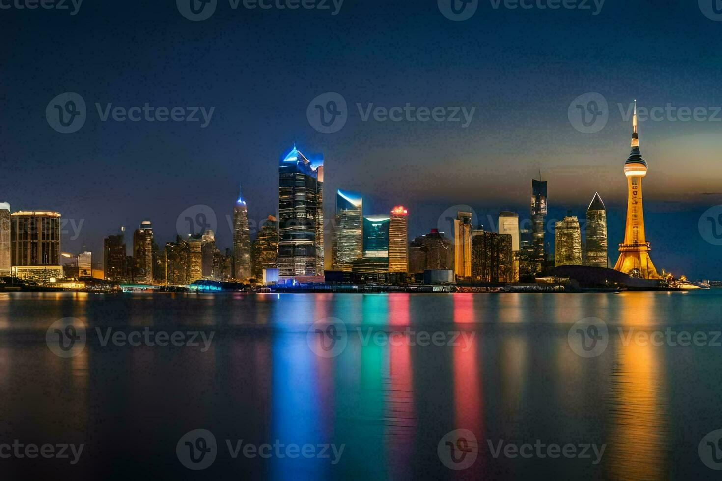 de shanghai horisont på natt. ai-genererad foto