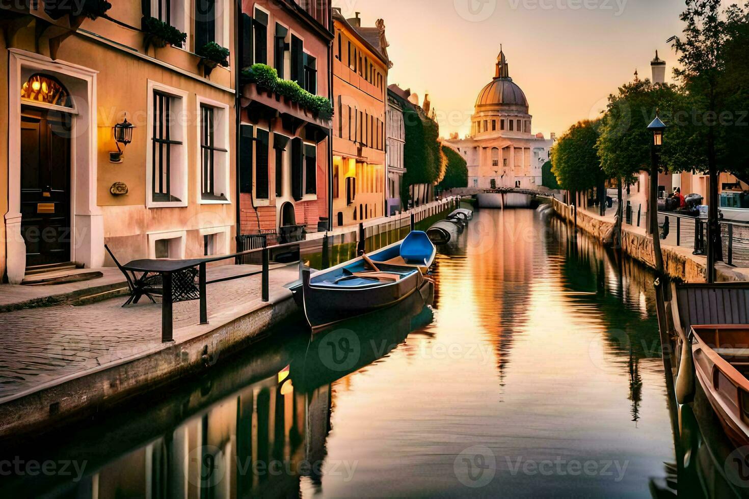 en kanal med båtar i främre av en byggnad. ai-genererad foto