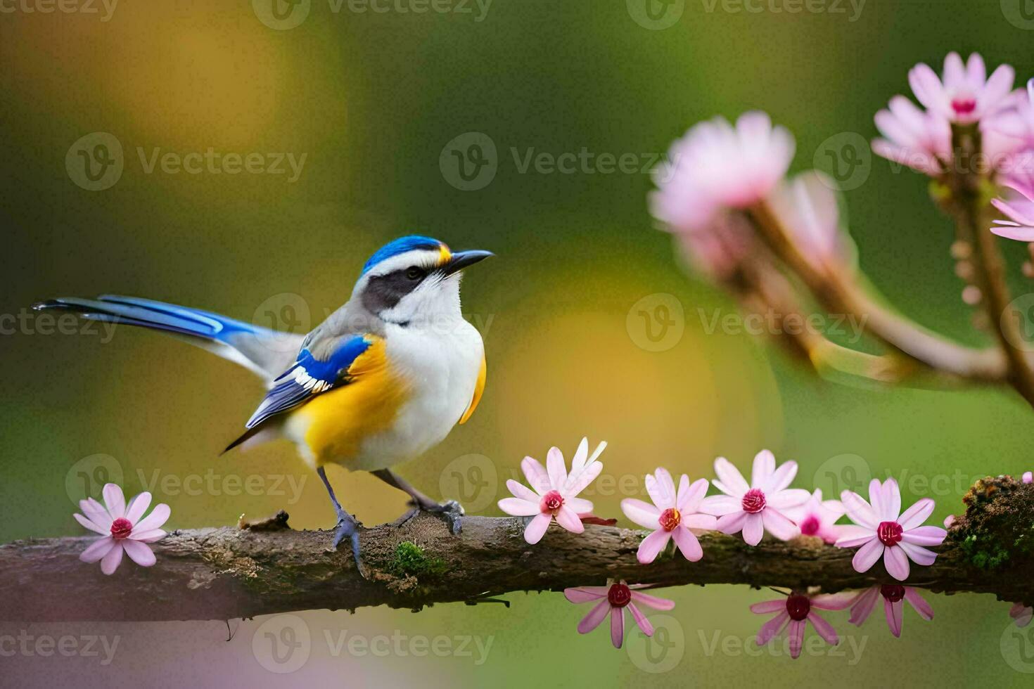 en blå och gul fågel sitter på en gren med rosa blommor. ai-genererad foto