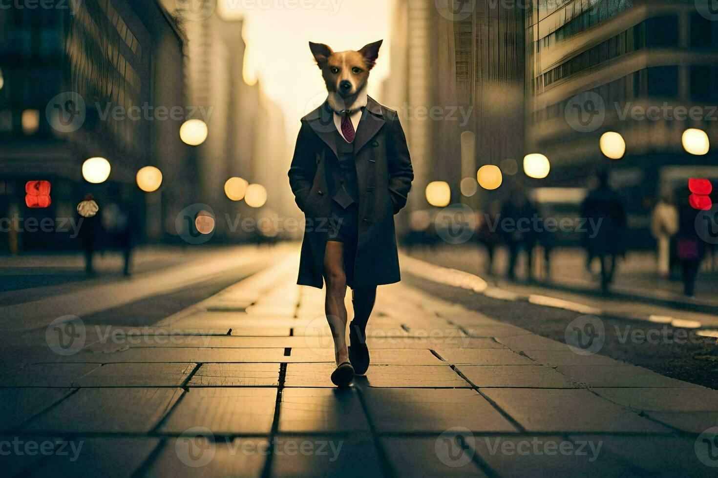 en räv bär en kostym och slips gående ner en stad gata. ai-genererad foto