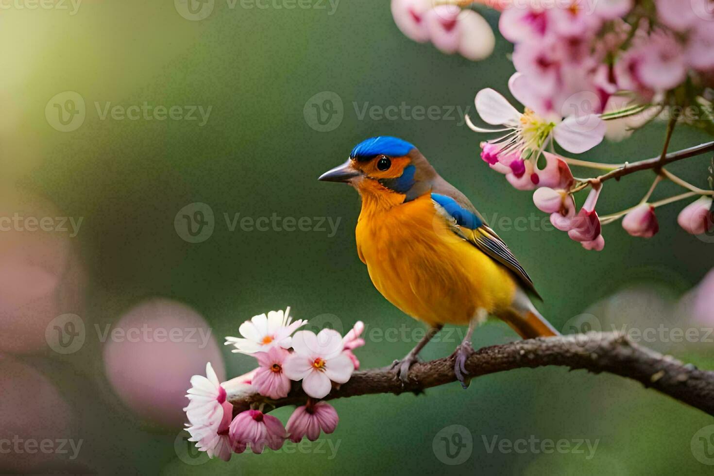 en blå och orange fågel sitter på en gren med rosa blommor. ai-genererad foto