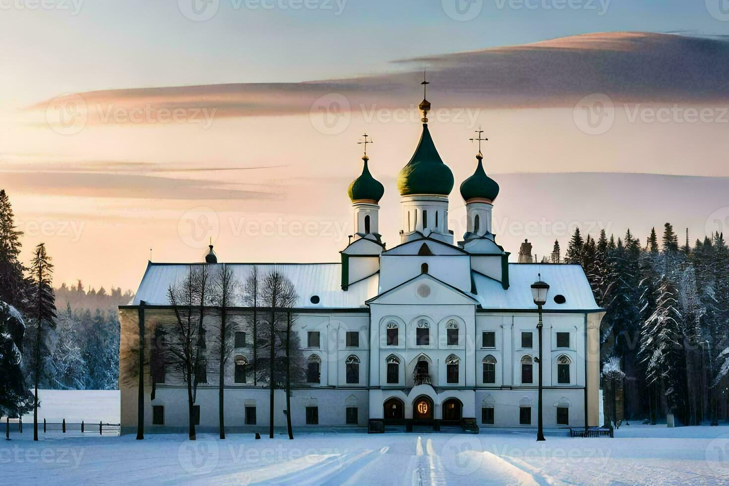 en kyrka i de snö med grön kupoler. ai-genererad foto