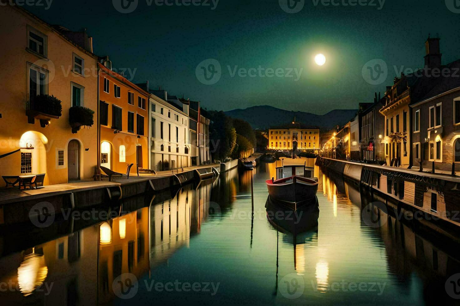 en båt är dockad i en kanal på natt. ai-genererad foto