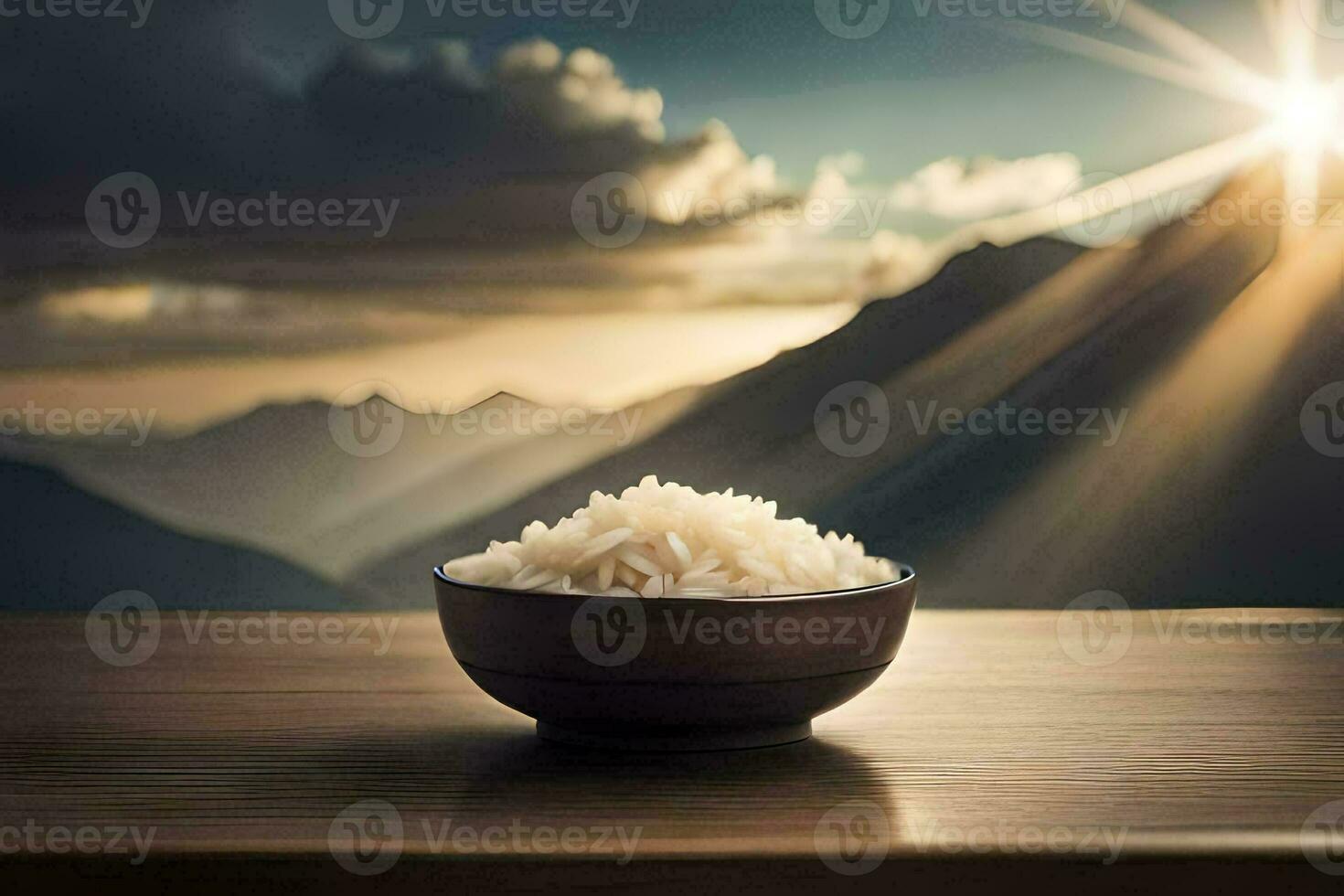 ris i en skål på en tabell med bergen i de bakgrund. ai-genererad foto