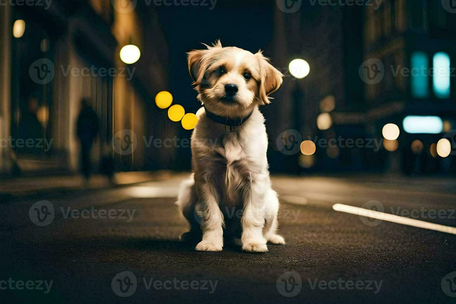 en hund Sammanträde på de gata på natt. ai-genererad foto