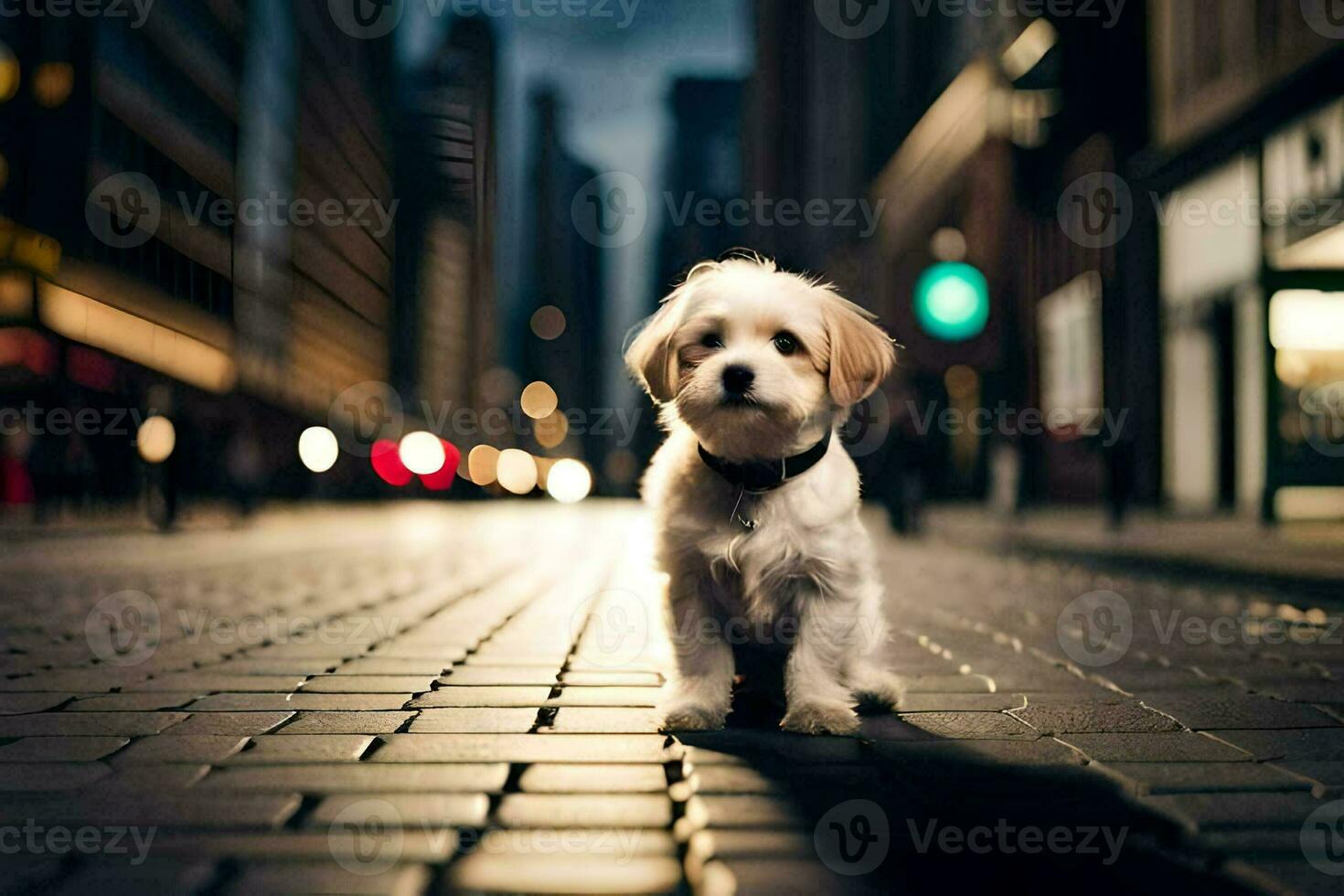 en små hund är stående på en tegel väg på natt. ai-genererad foto