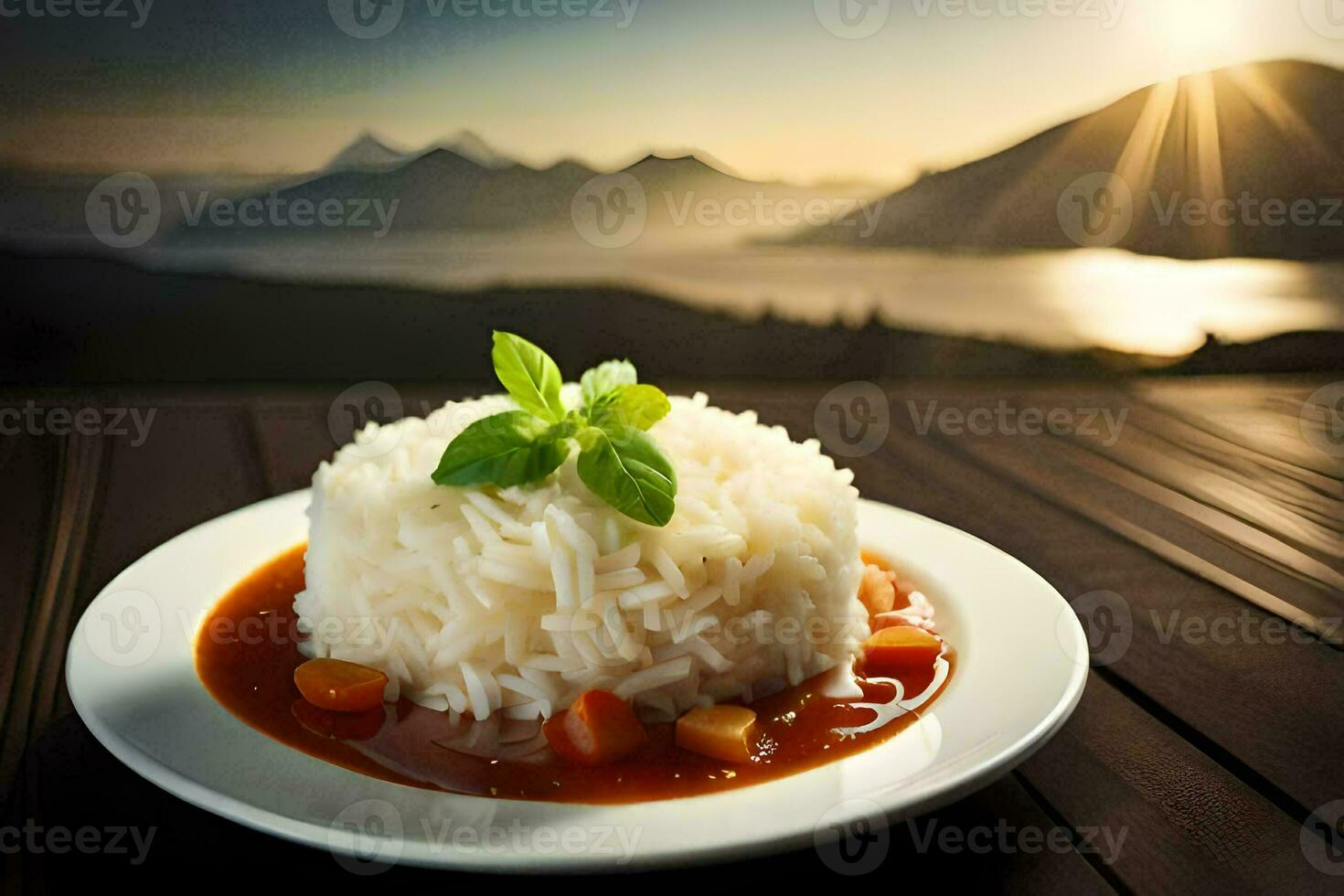 en tallrik av ris med grönsaker och tomat sås på en trä- tabell. ai-genererad foto