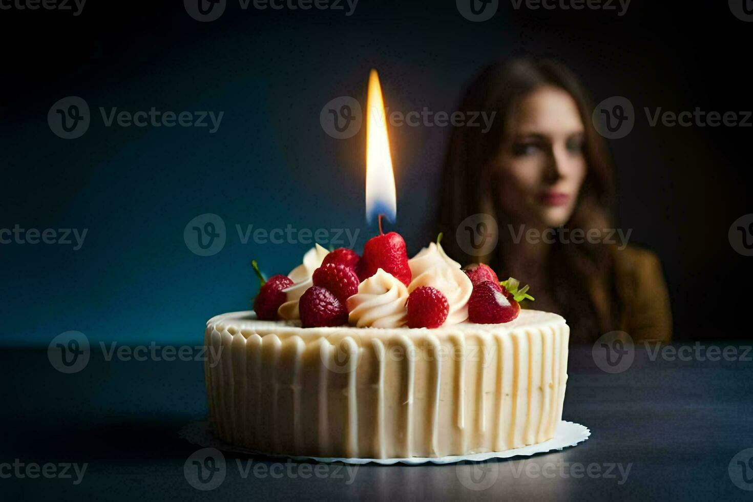 en kvinna är ser på en födelsedag kaka med en belyst ljus. ai-genererad foto