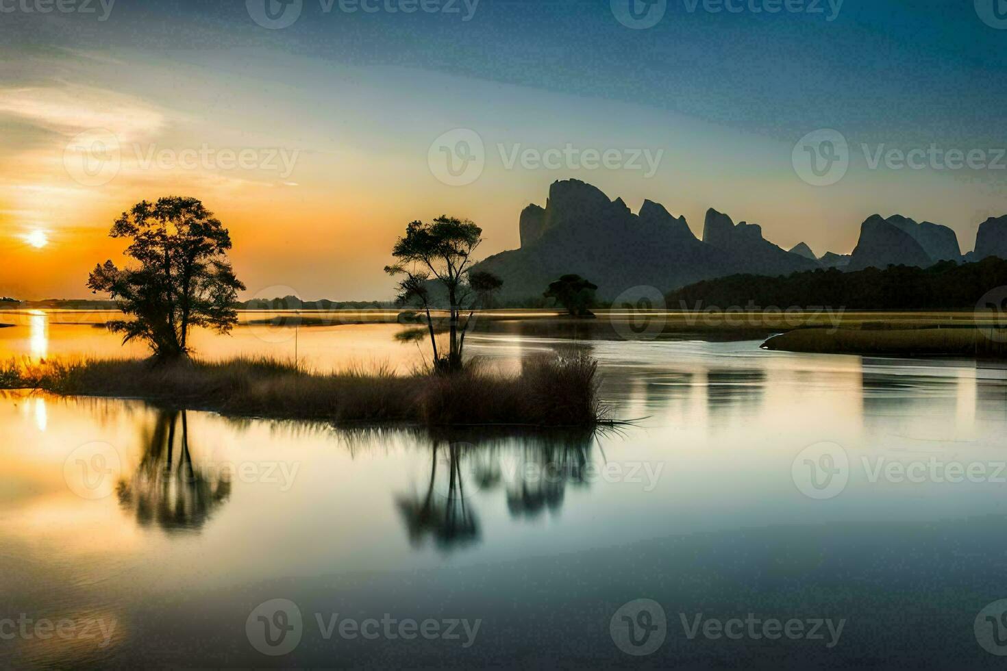 de Sol uppsättningar över en sjö och bergen i Kina. ai-genererad foto