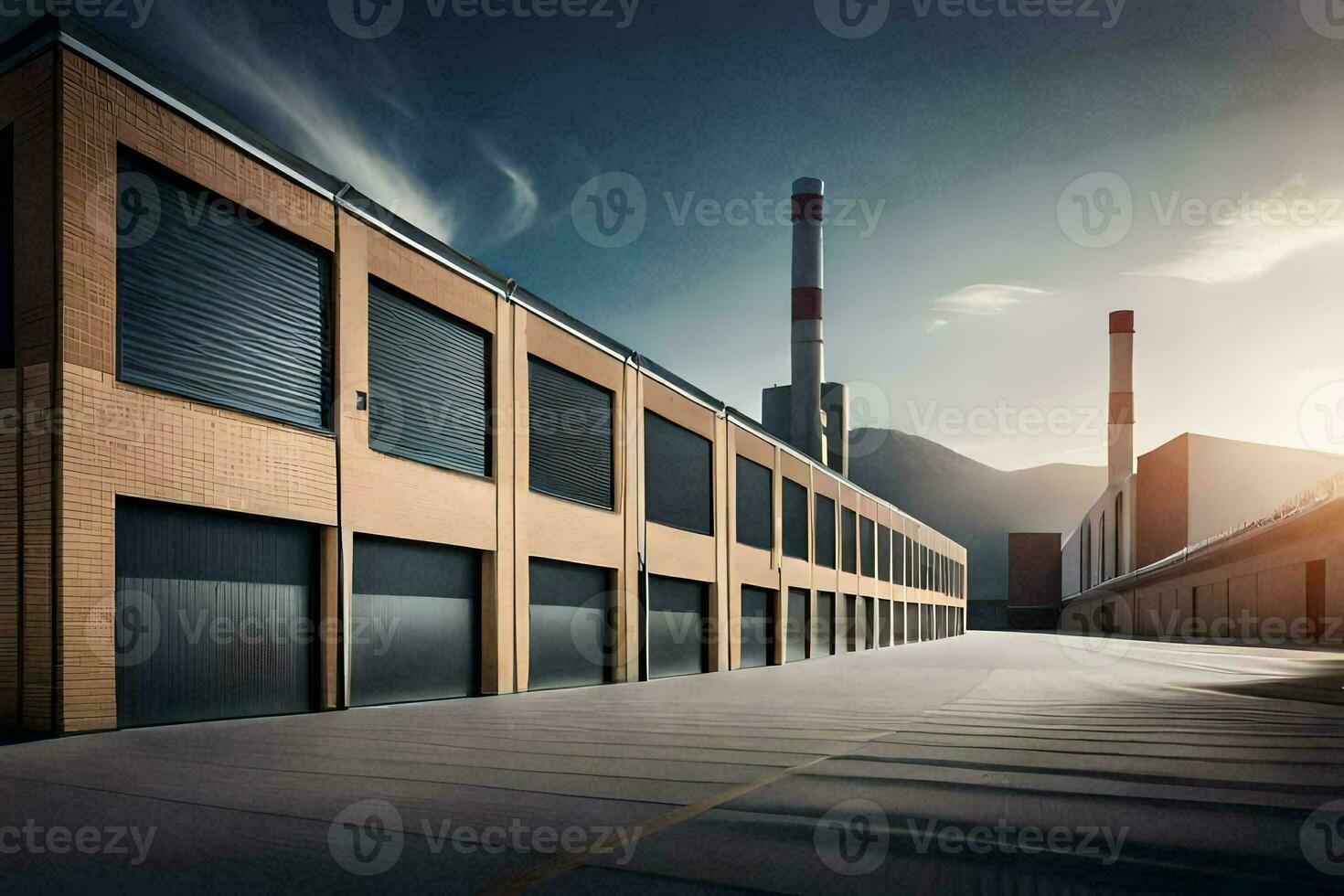 en fabrik byggnad med en stor garage dörr. ai-genererad foto