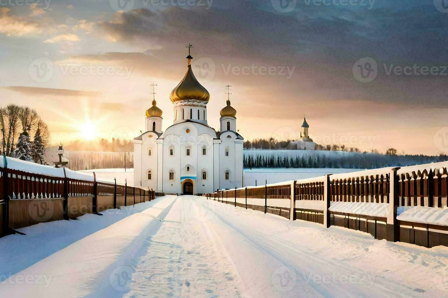 de Sol är miljö över en snöig väg i främre av en kyrka. ai-genererad foto