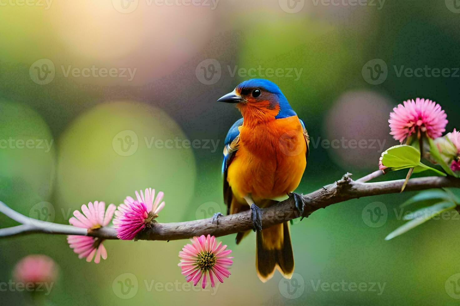 en färgrik fågel sitter på en gren med rosa blommor. ai-genererad foto