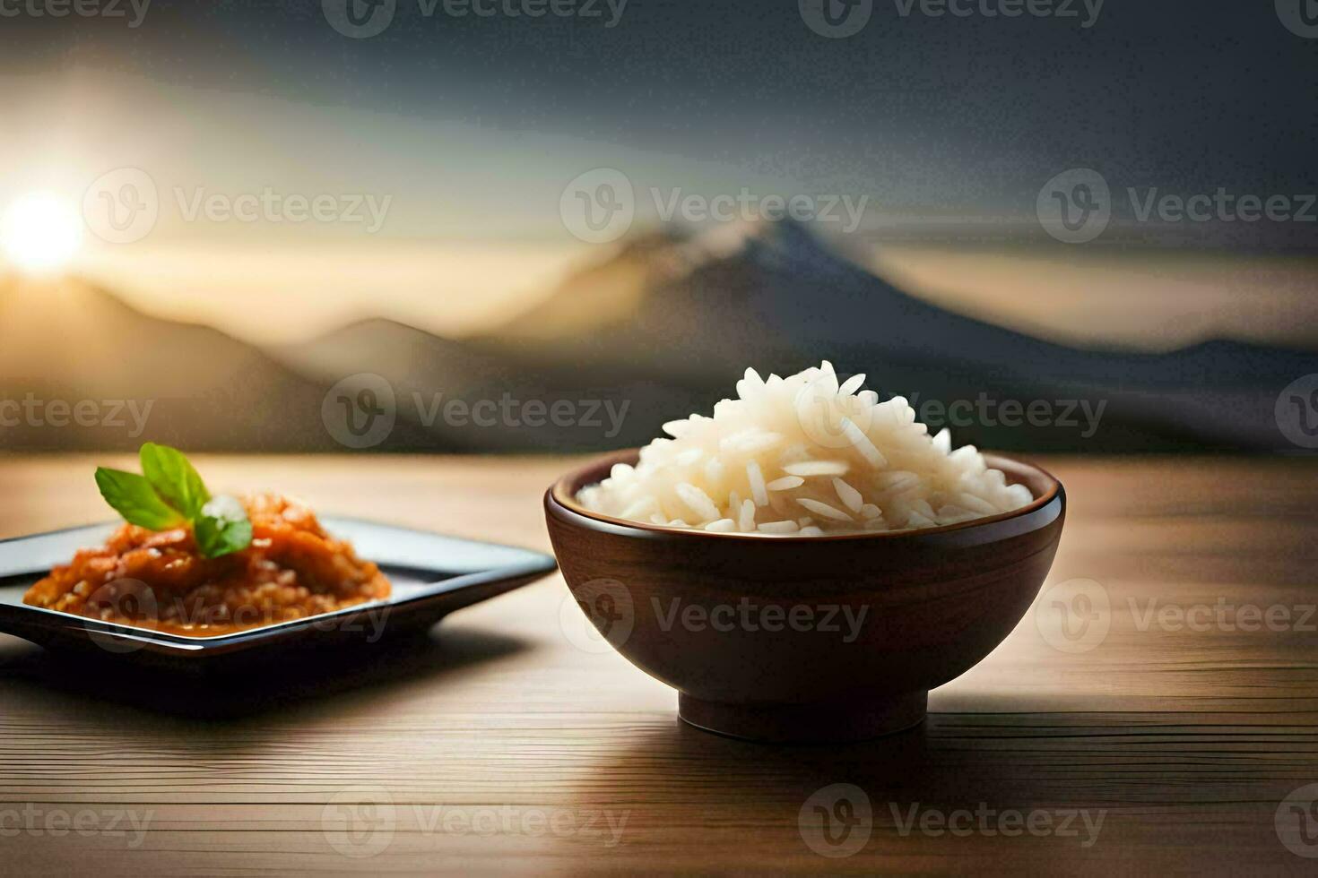 ris i en skål och en tallrik med en berg i de bakgrund. ai-genererad foto