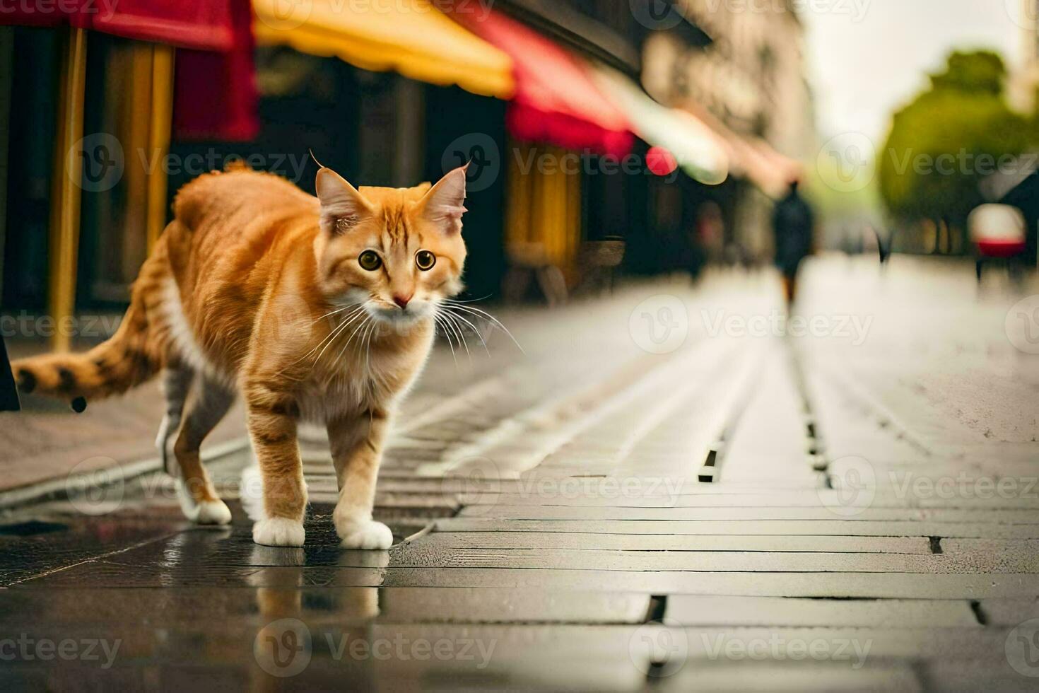 ett orange katt gående på en våt gata. ai-genererad foto