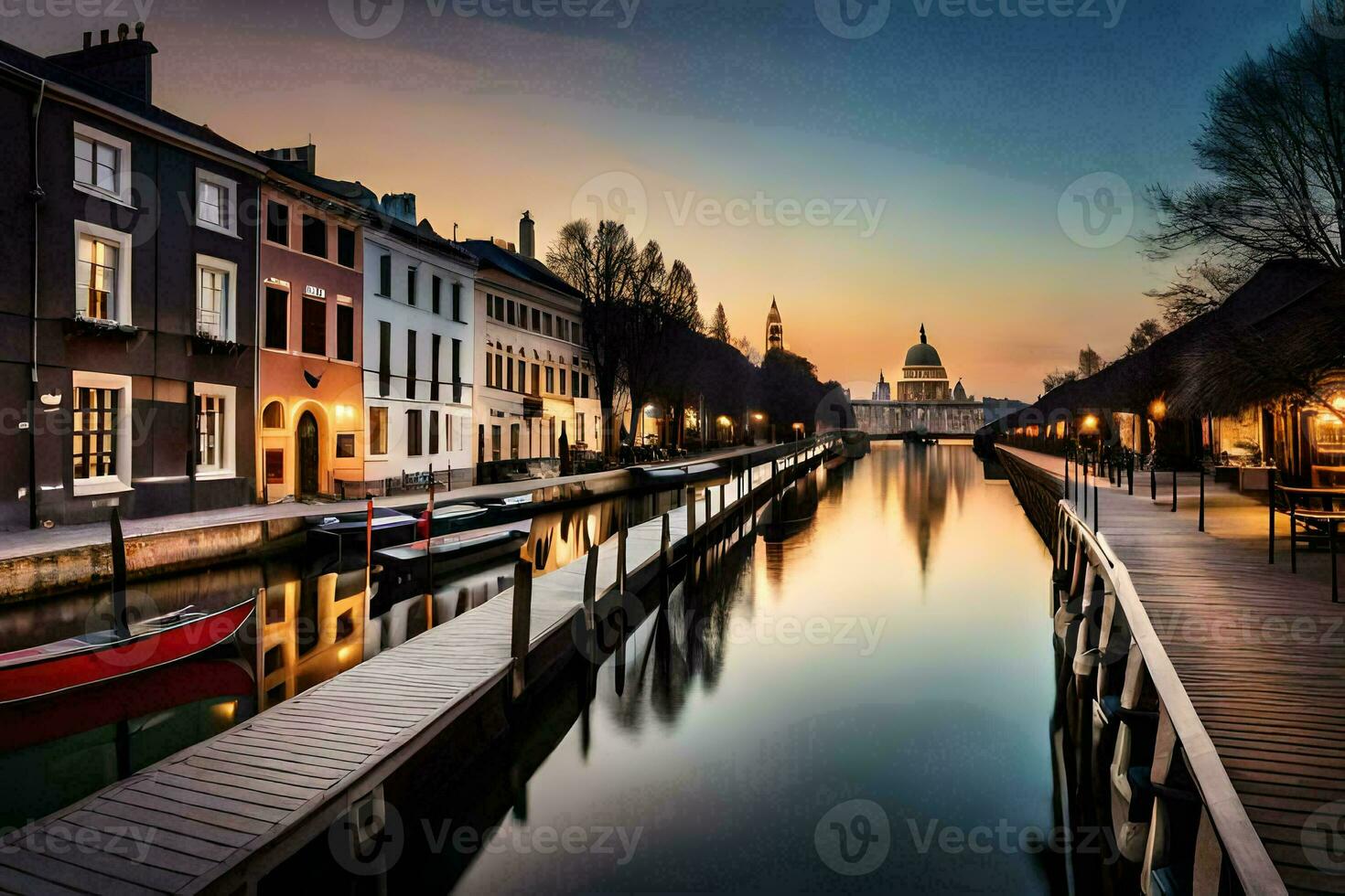en kanal på solnedgång med båtar och byggnader. ai-genererad foto