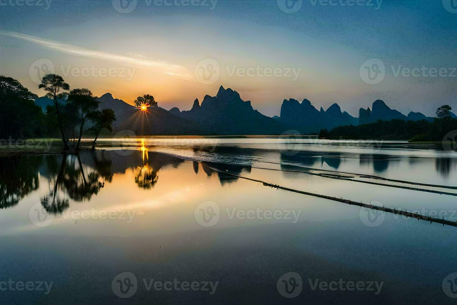 de Sol stiger över en sjö och bergen i Kina. ai-genererad foto