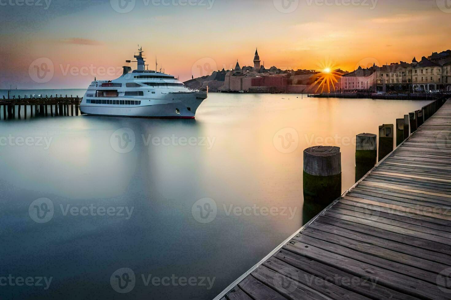 en båt dockad på de pir på solnedgång. ai-genererad foto