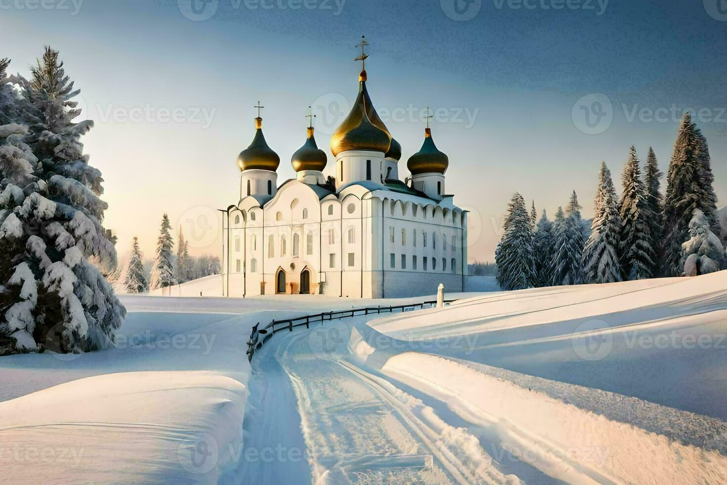 en kyrka i de snö med träd och snö. ai-genererad foto