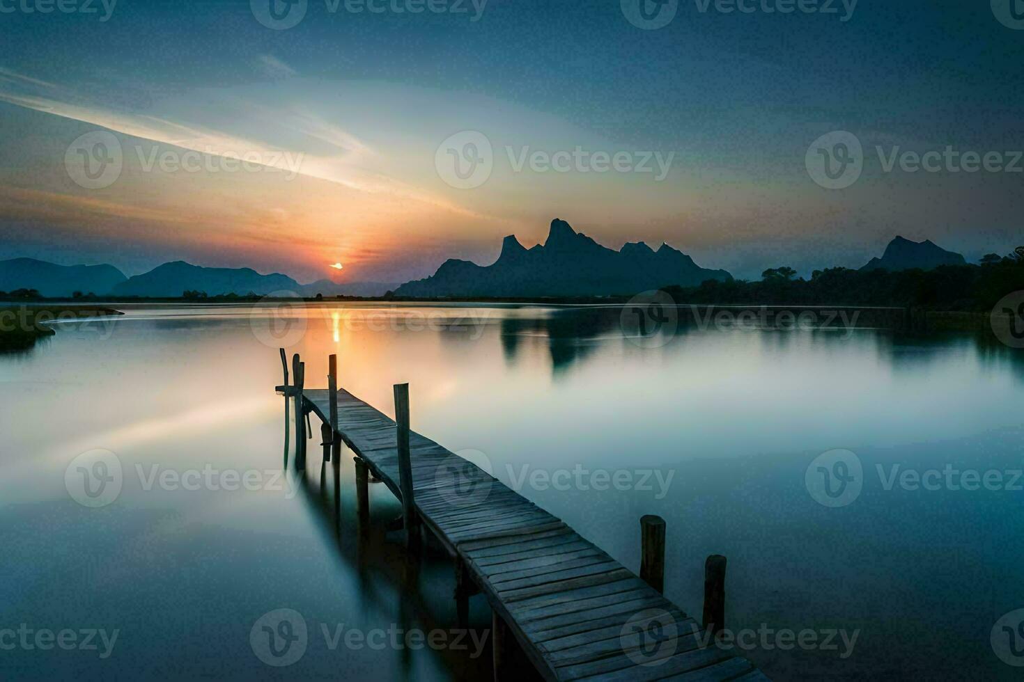 en trä- pir i de mitten av en sjö på solnedgång. ai-genererad foto