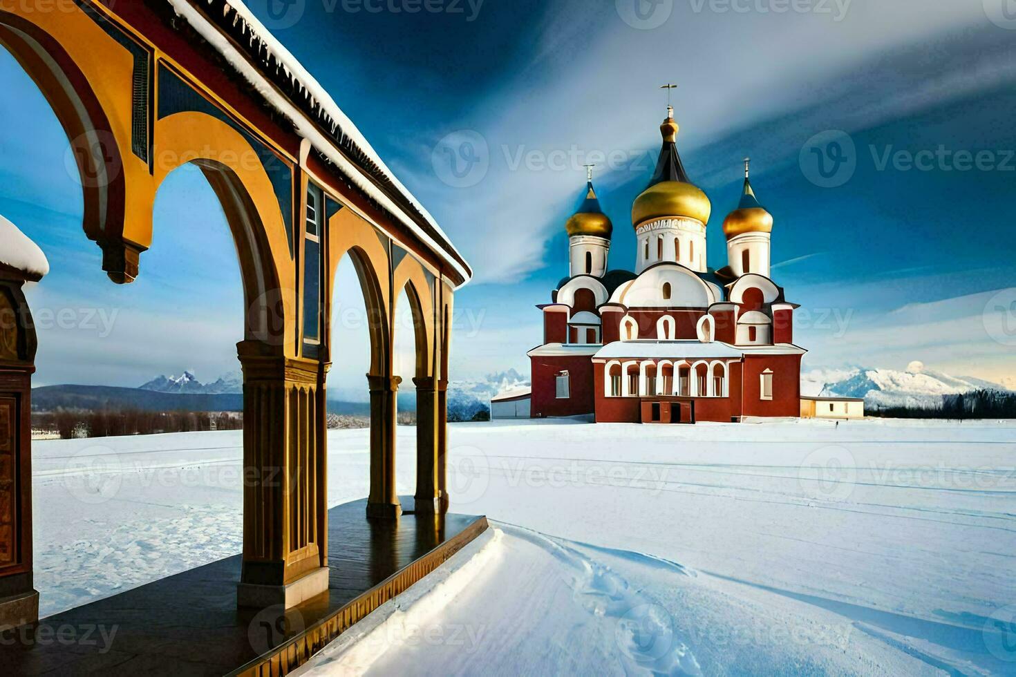 en kyrka i de snö med snö på de jord. ai-genererad foto