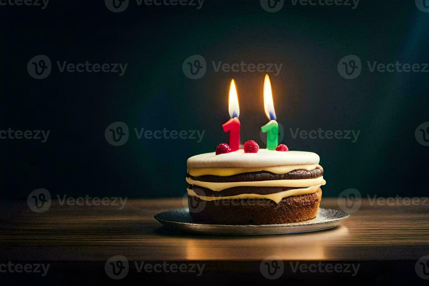 en födelsedag kaka med två ljus på topp. ai-genererad foto