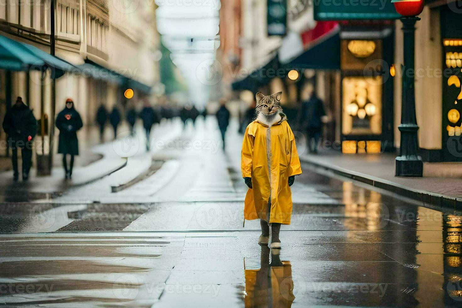 en räv i en gul regnkappa gående ner en våt gata. ai-genererad foto