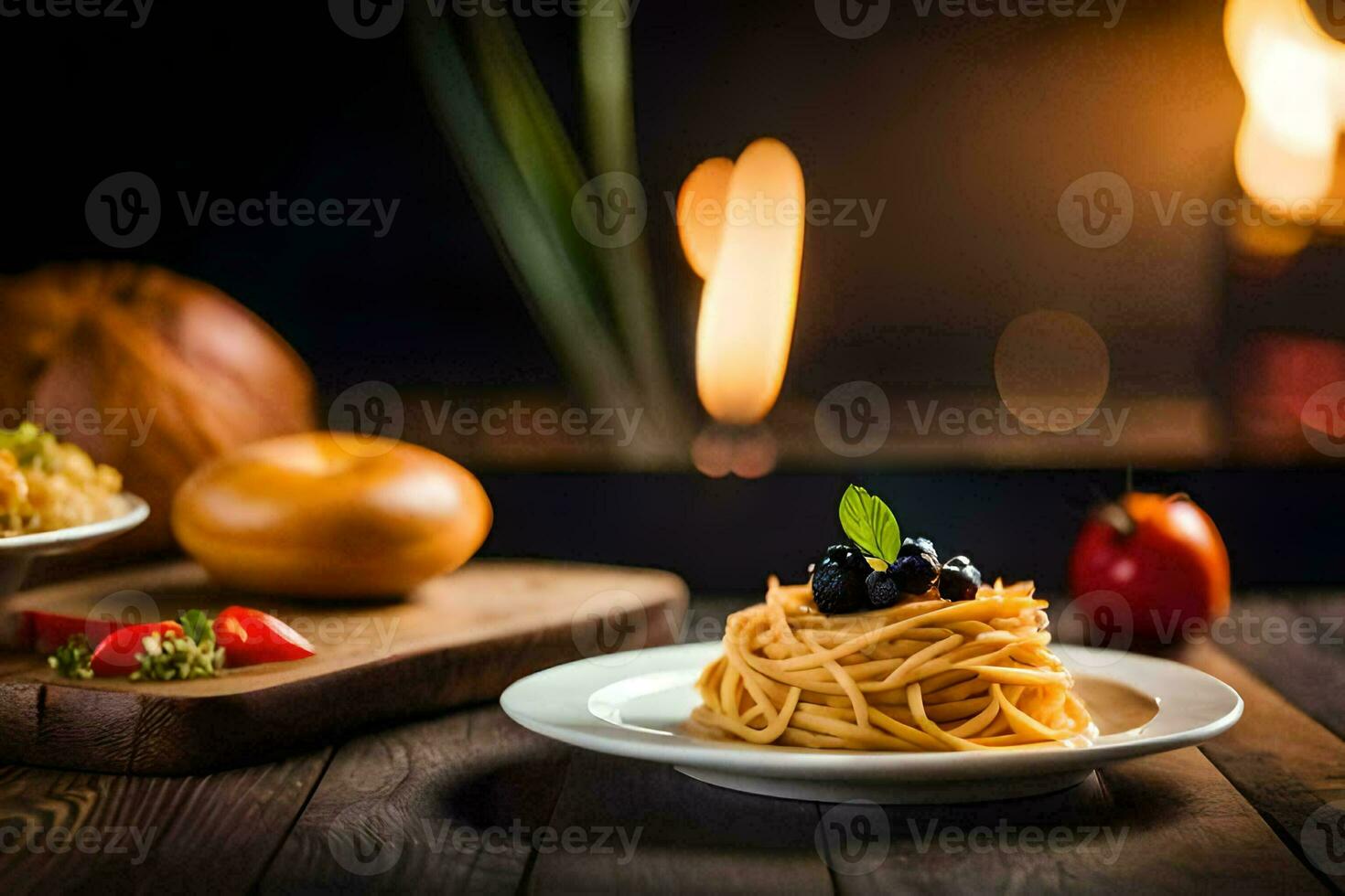 spaghetti med björnbär och tomater på en tallrik. ai-genererad foto