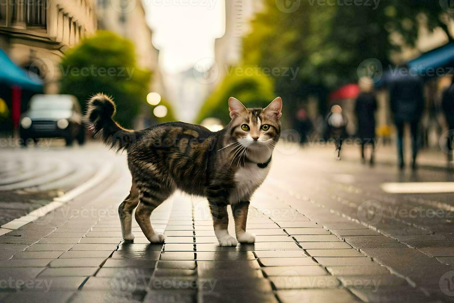 en katt gående på en stad gata. ai-genererad foto