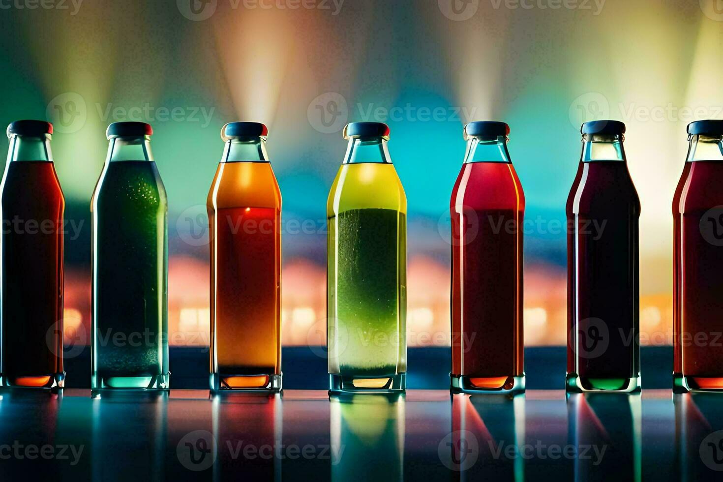 en rad av färgrik flaskor med annorlunda färgad vätskor. ai-genererad foto