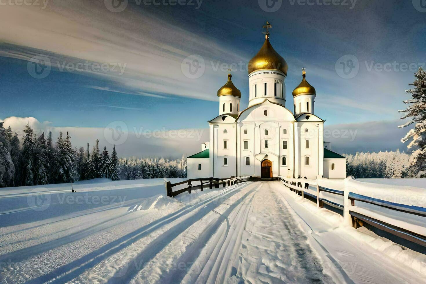 en vit kyrka med gyllene kupoler i de snö. ai-genererad foto