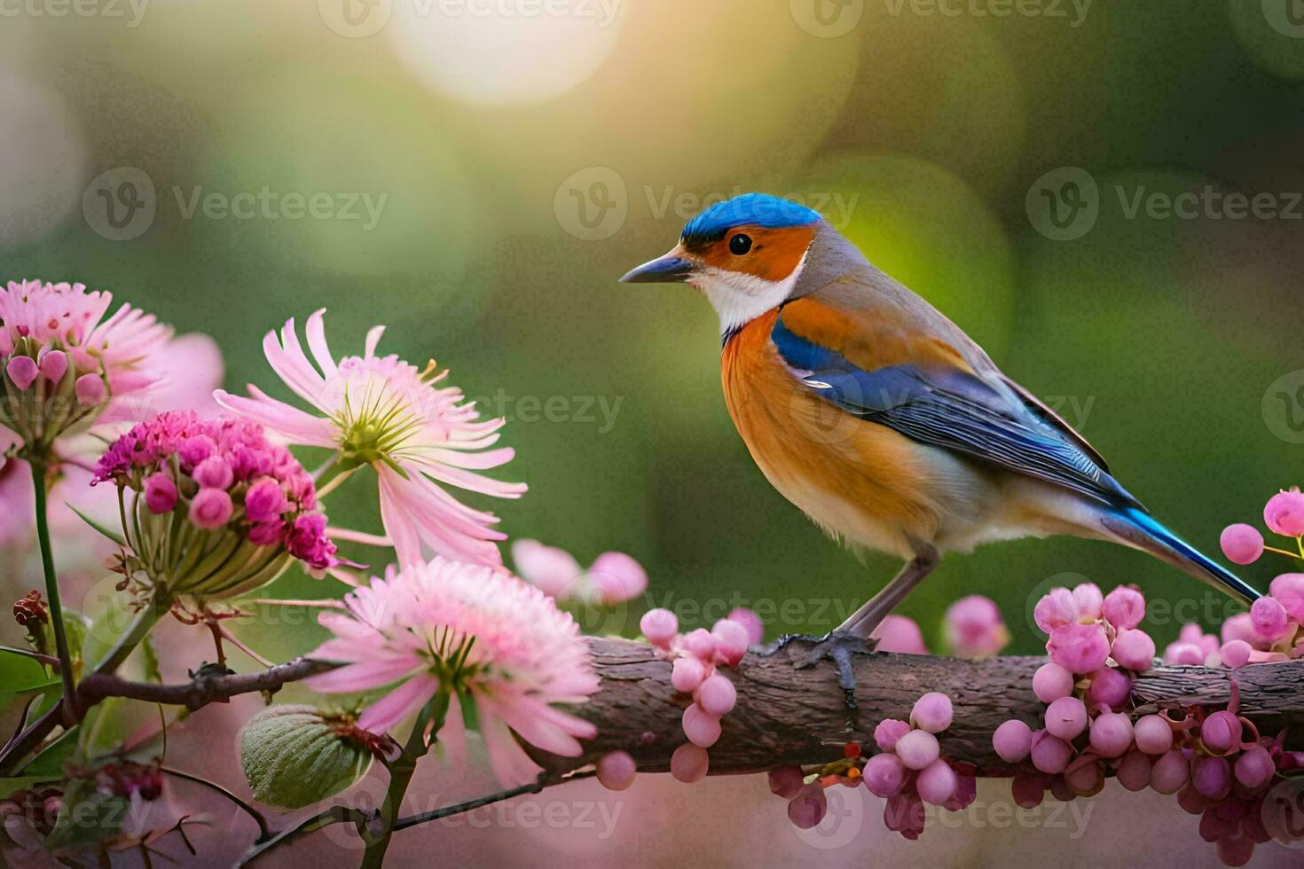 en blå och orange fågel är uppflugen på en gren med rosa blommor. ai-genererad foto