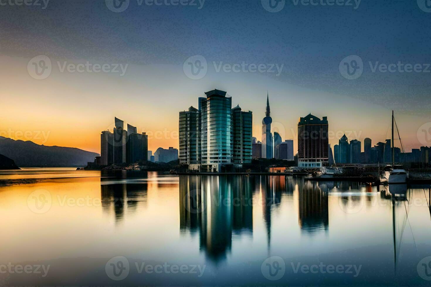 de stad horisont är reflekterad i de vatten på solnedgång. ai-genererad foto