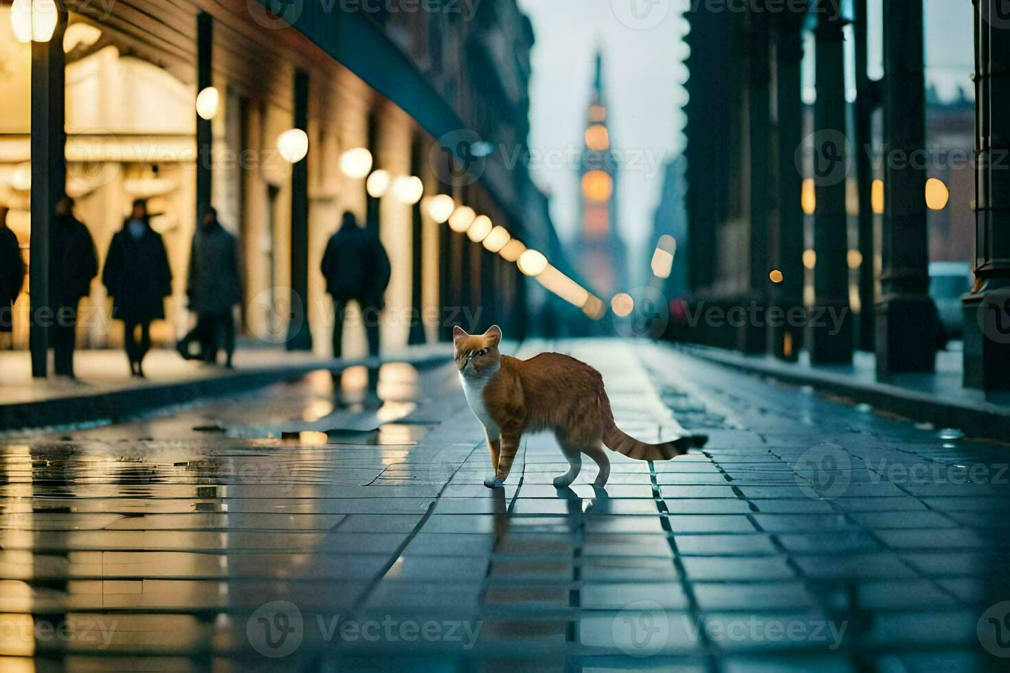 en katt gående ner en stad gata på natt. ai-genererad foto