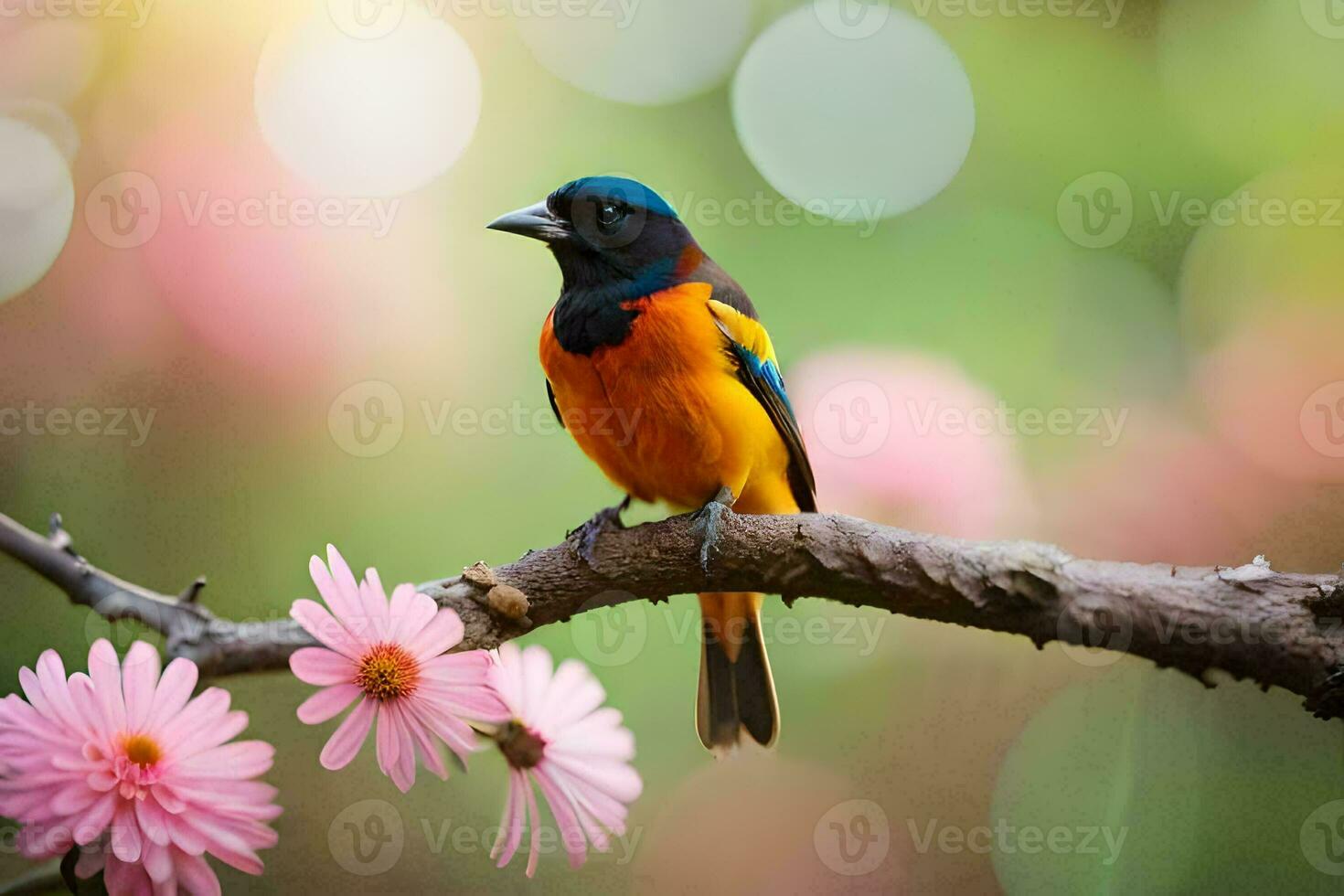 en färgrik fågel sitter på en gren med rosa blommor. ai-genererad foto