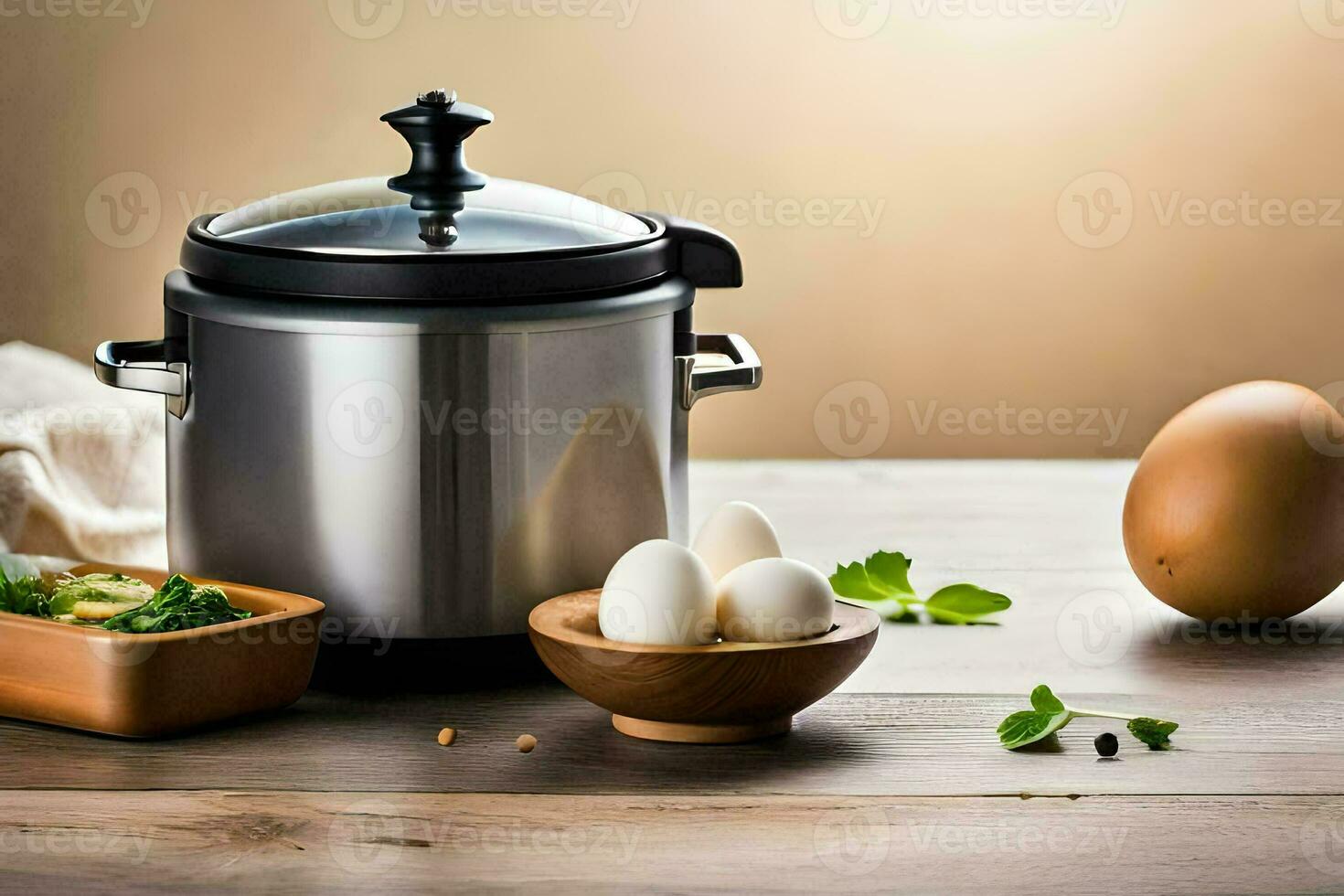 ett elektrisk tryck spis med ägg och broccoli. ai-genererad foto