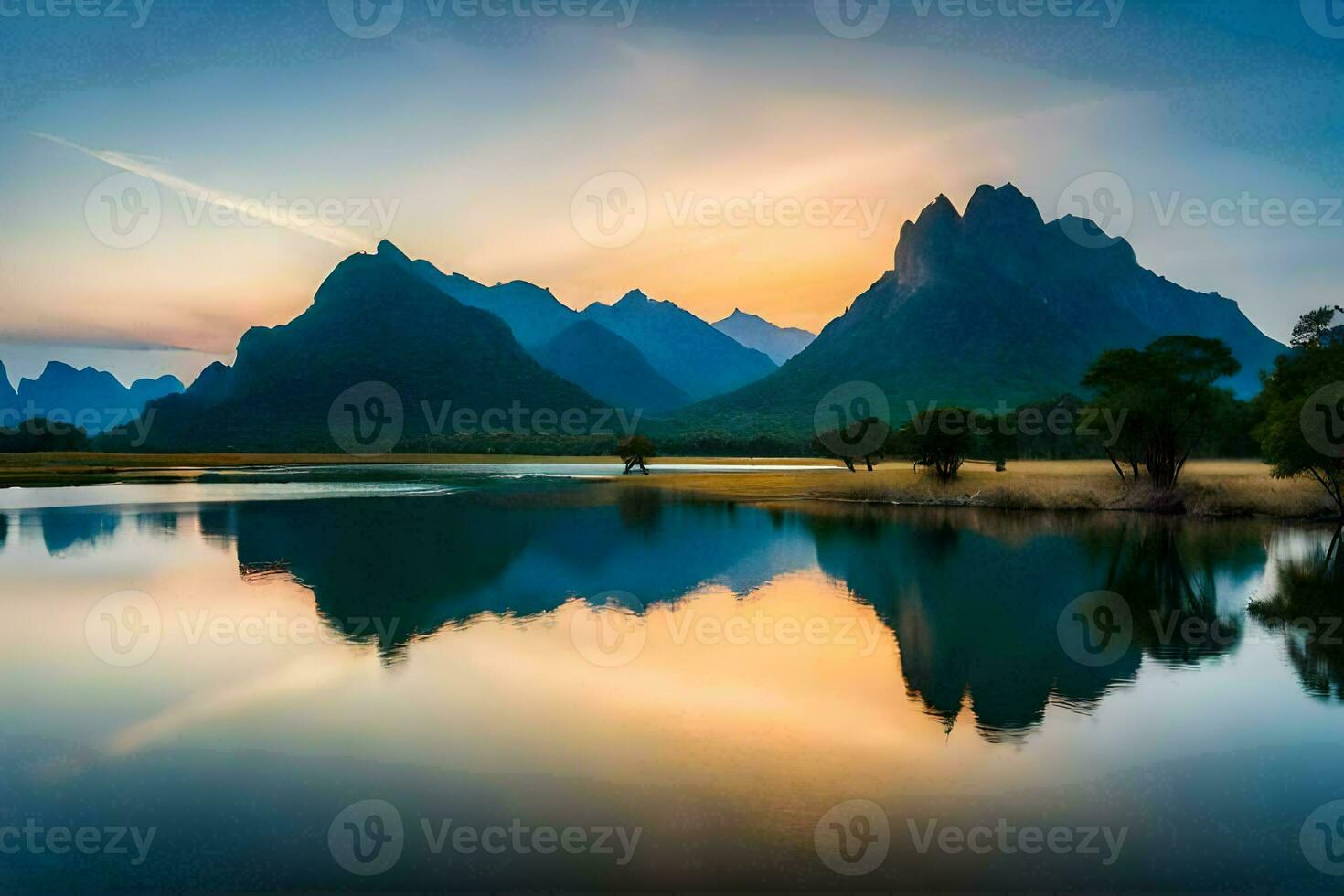 de bergen är reflekterad i de vatten på solnedgång. ai-genererad foto