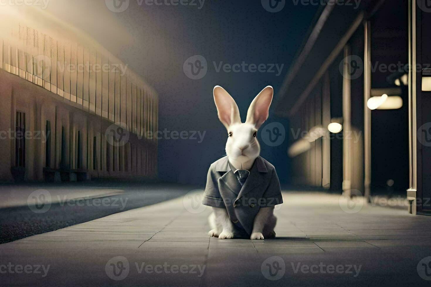 en kanin bär en kostym och slips sitter på de gata. ai-genererad foto