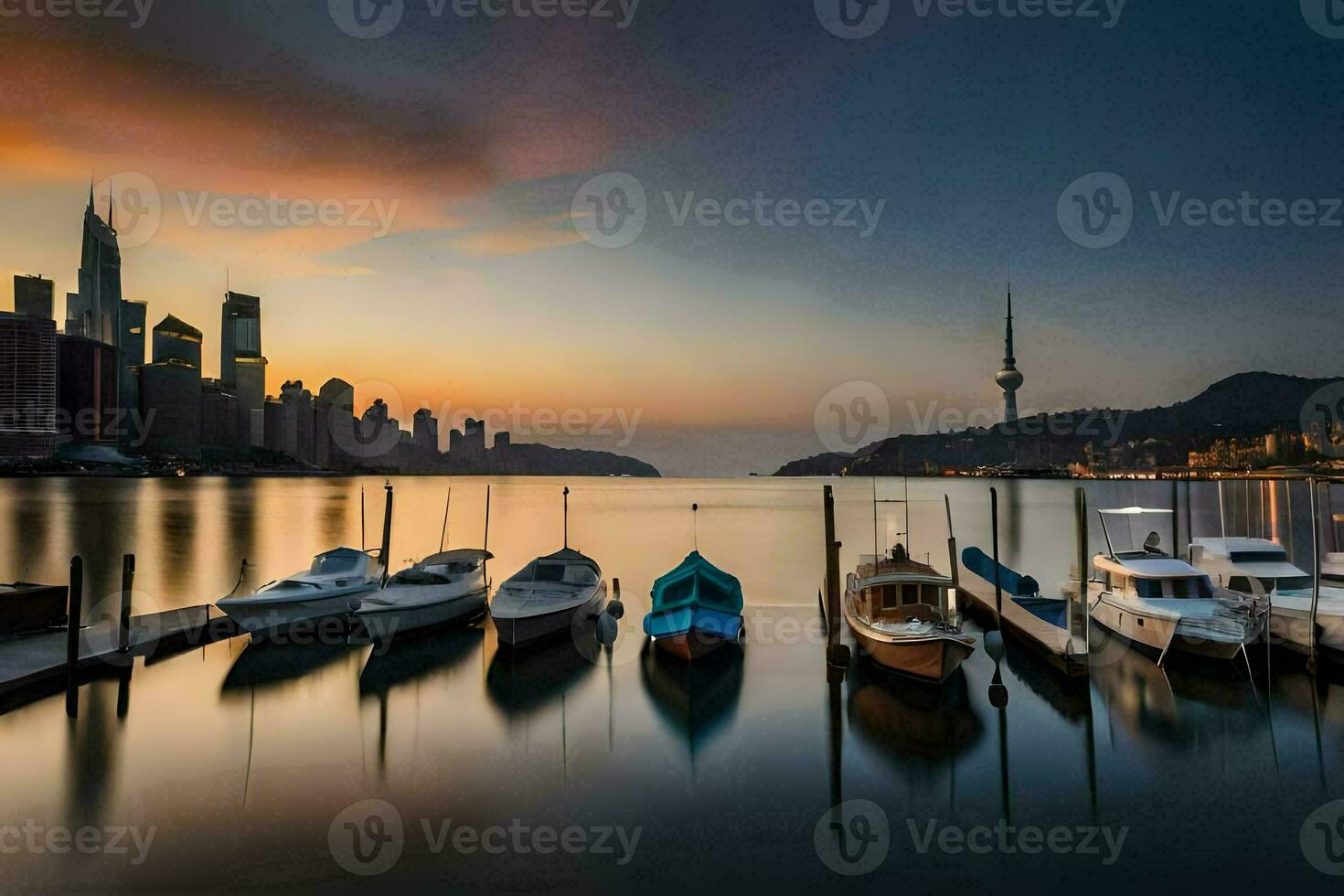 båtar dockad i de vatten på solnedgång med stad horisont i de bakgrund. ai-genererad foto