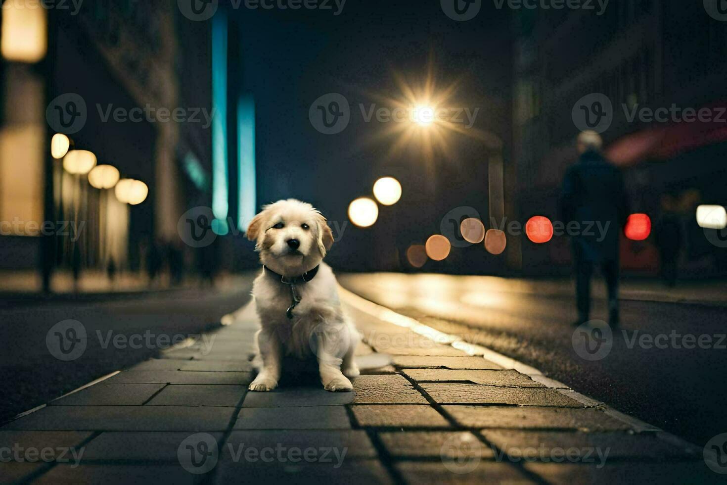 en hund Sammanträde på de gata på natt. ai-genererad foto