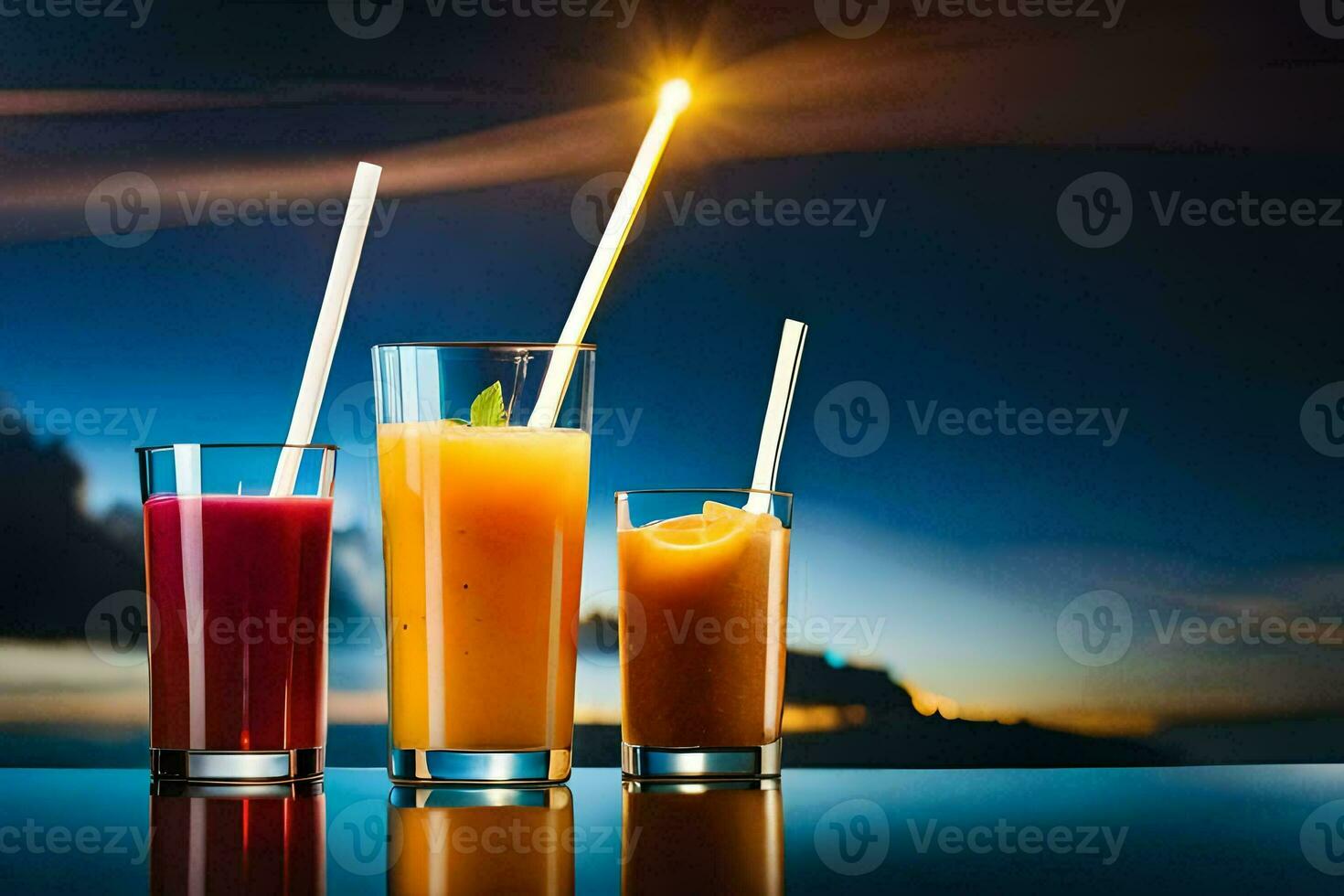 tre glasögon av juice med strån på en tabell. ai-genererad foto
